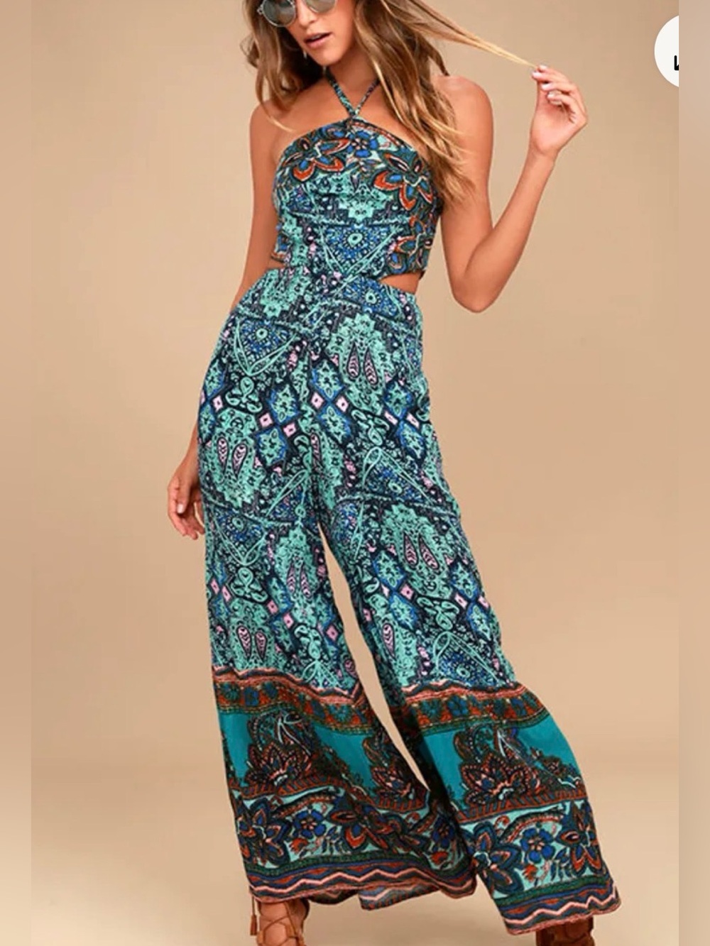 Free People ‘Maribelle’ Bohemian Teal Print Halter Jumpsuit